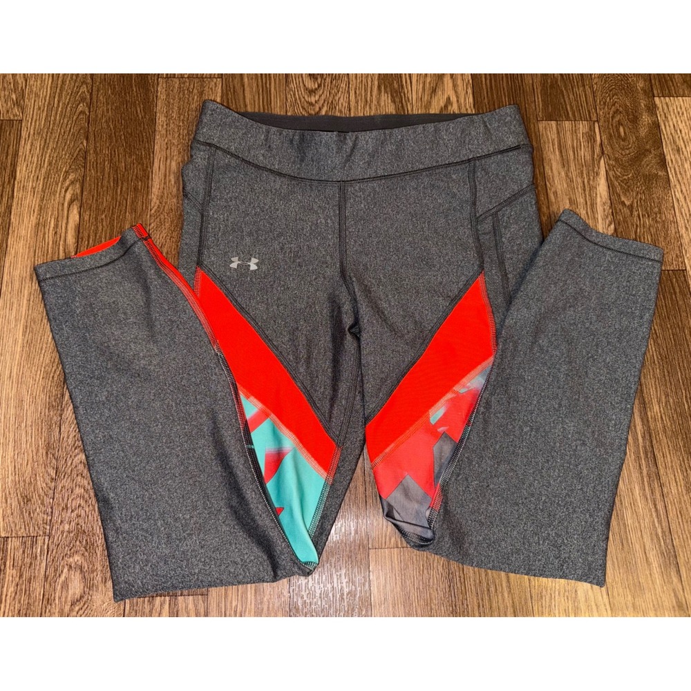 Under‎ Armour Womens HeatGear Compression Leggings Gray Orange Teal 1305968 MD